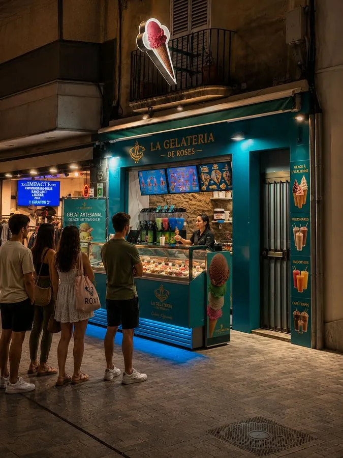 La Gelateria de Roses de noche en el centro de Roses